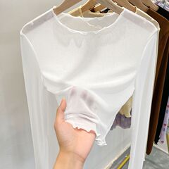 女性用黒メッシュボトムシャツ、サマーサスペンダースカート、Tシャツ、長袖白レーストップス、秋チュールシャツ
