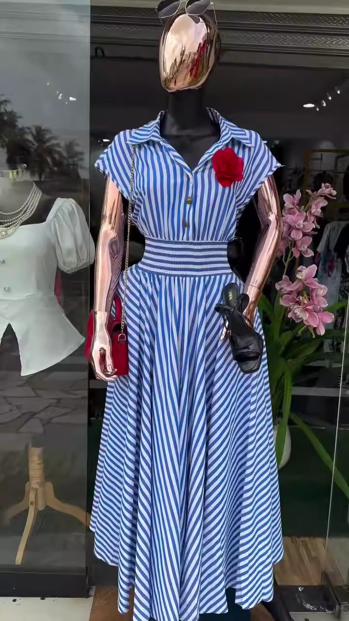 Women's Clothing Spring New Arrival Elegant Retro Striped Shirt Collar Short Sleeve Full Skirt Dress Fashion Waist Cinching American Style_ecoleips.com