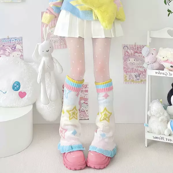Japanese-Style Sweet Bell-Shaped Leg Warmers Dopamine Candy Color Y2K Star Cartoon Soft Girl Knit Wide-Leg Socks Leg Warmers
