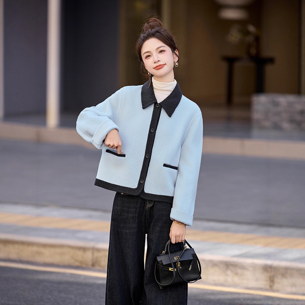 Korean Style Color-Blocked Lapel Short Outwear for Women 2025 Autumn and Winter New Loose Slimming Look Double-Sided Wool Top for Small People