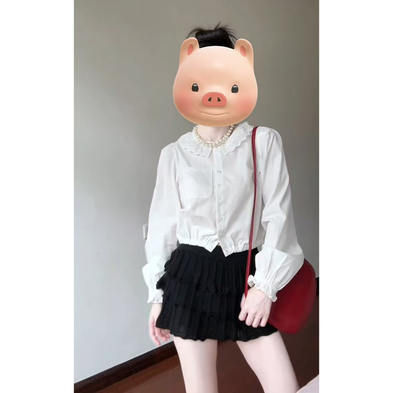 清纯系绝美套装女2025早秋新款蕾丝拼接长袖衬衫a字半身裙两件套|undefined