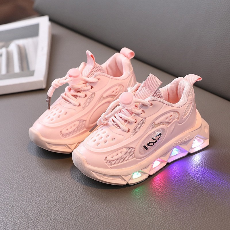 Led Light-Up Sneakers For Kids - Breathable Mesh Running Shoes With Flashing Lights, Soft Sole For Toddlers & Children (Black/White/Pink/Green)_voghion.com
