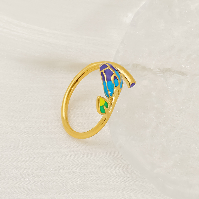 Anillo de hoja de capullo de flor de epoxi europeo y americano, temperamento de moda de Mori, anillo de apertura de tamaño libre ajustable, anillo de dedo de acero inoxidable para mujer