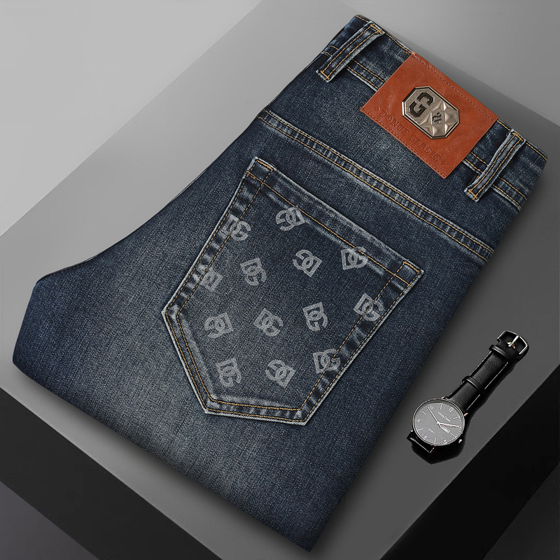 2025 Autumn/Winter New Brand Jeans for Men, Printed Trendy Slim Fit Straight Leg High-End Light Luxury Stretch Versatile