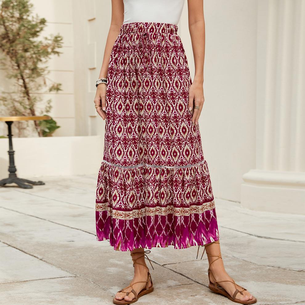 Bohemian European American Style Rayon Printed A-line Midi Skirt Vacation, Beach, And Seaside, With A Large Hemline For_ecoleips.com
