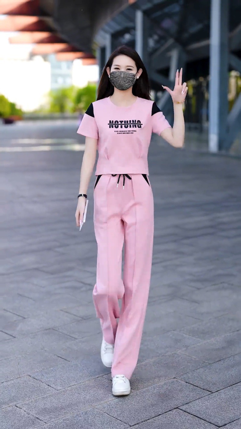 Women's Contrast Color Casual Sports Suit Short Sleeved Top And Wide Leg Pants Two Piece Set Stylish Slimming Trendy 2026_ecoleips.com