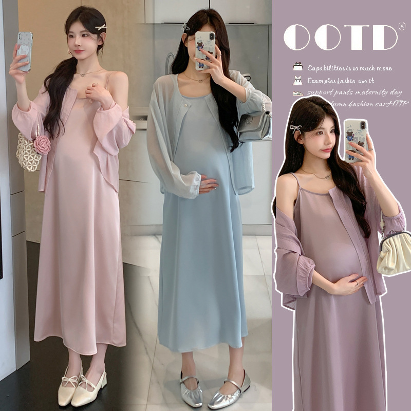 Maternity Summer Dress, French High-End Luxury Acetate Satin Suspender Skirt during Pregnancy, Summer Long Skirt Suit