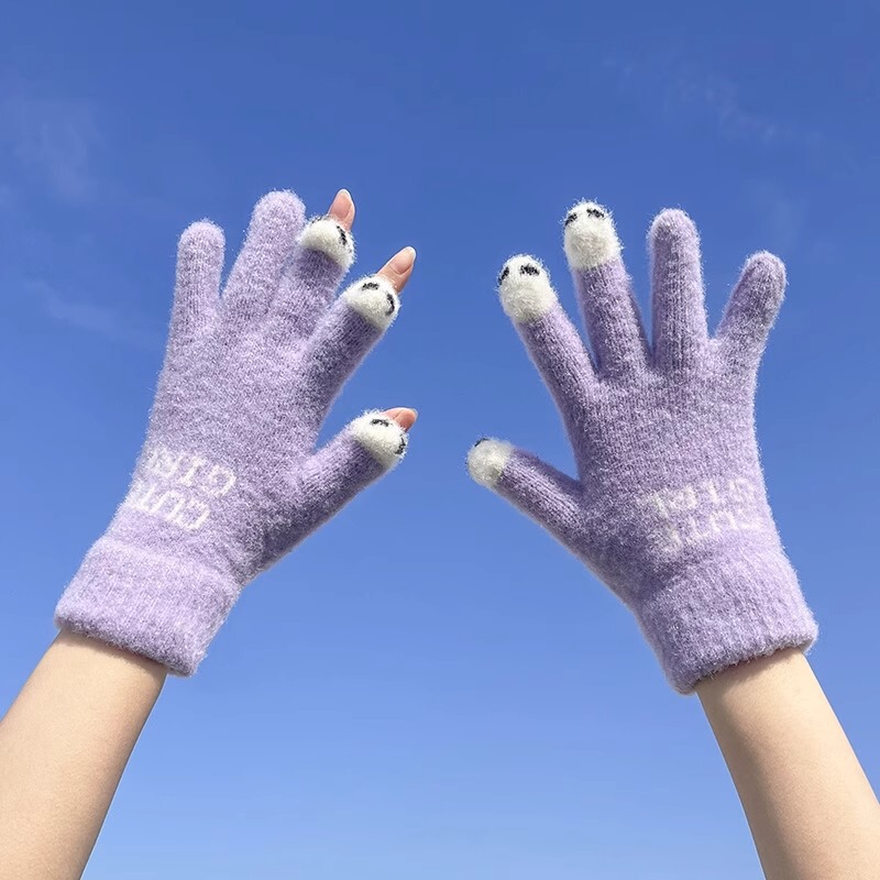 手套女秋冬季可爱加绒骑车防寒防风保暖开三指洞洞可触屏学生写字|undefined
