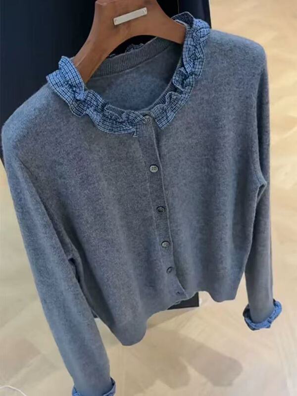 韩系秋款甜美撞色拼接设计显瘦针织衫女装高级感气质时尚复古开衫|undefined