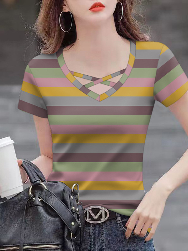 卸売 2025 新しい夏のホットスタイルの女性の T シャツ痩身お腹カバー V ネックファッション半袖ドロップシッピング|undefined