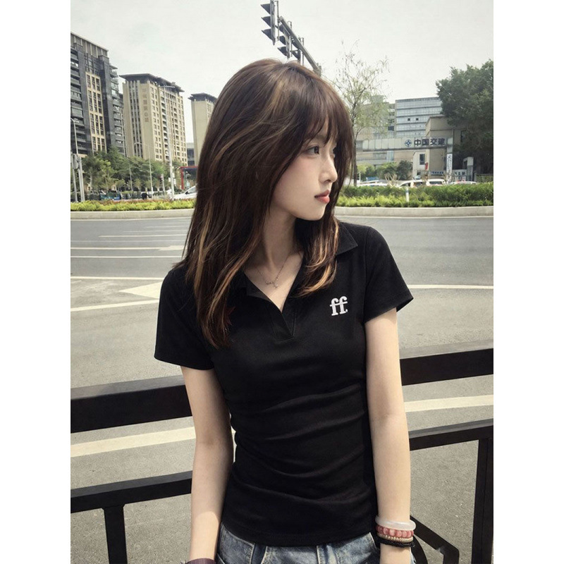 Korean-Style Elegant V-Neck Polo Shirt for Women, Summer Slim-Fit Waist-Cinching Turn-Down Collar Sports Tennis Short-Sleeve Top Korean-Style Elegant V-Neck Polo Shirt for Women, Summer Slim-Fit Waist-Cinching Turn-Down Collar Sports Tennis Short-Sleeve Top