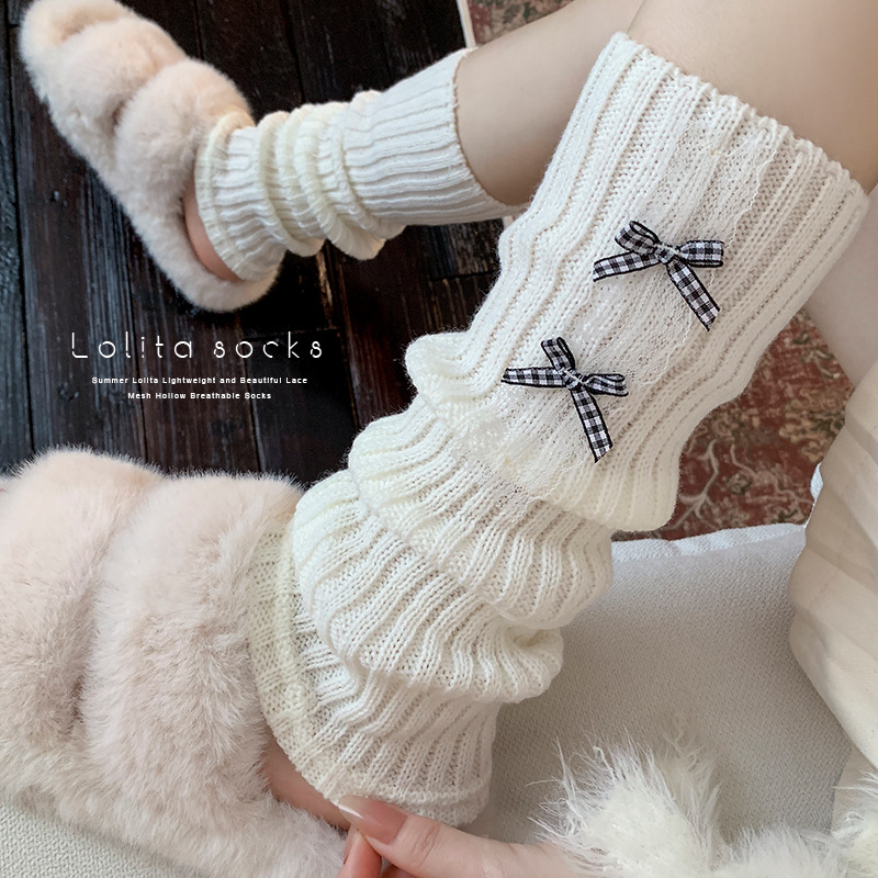 Scaldamuscoli Bootshang Calzini di cotone per donna Stile balletto Calzini di lana lavorati a maglia con fiocco Coprigambe bianchi per polpacci Lolita autunnali e invernali_voghion.com