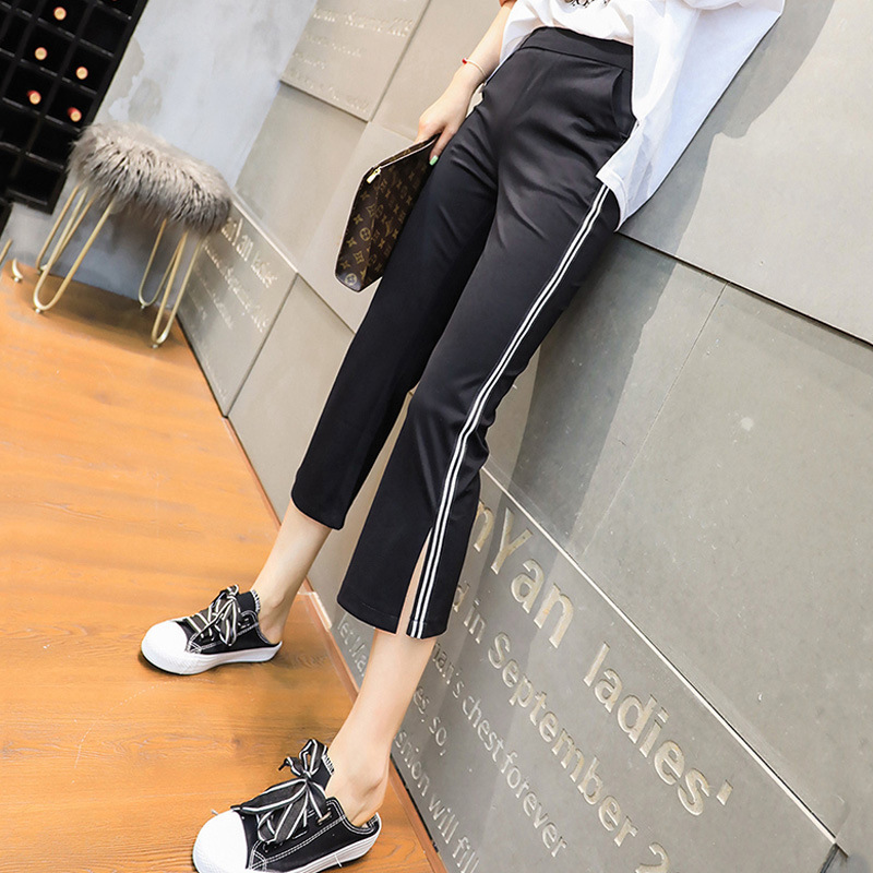 Eight-point Side Slit Pants Women's New Summer Thin Striped Leggings Elastic Waist Elastic Casual Sports Pants