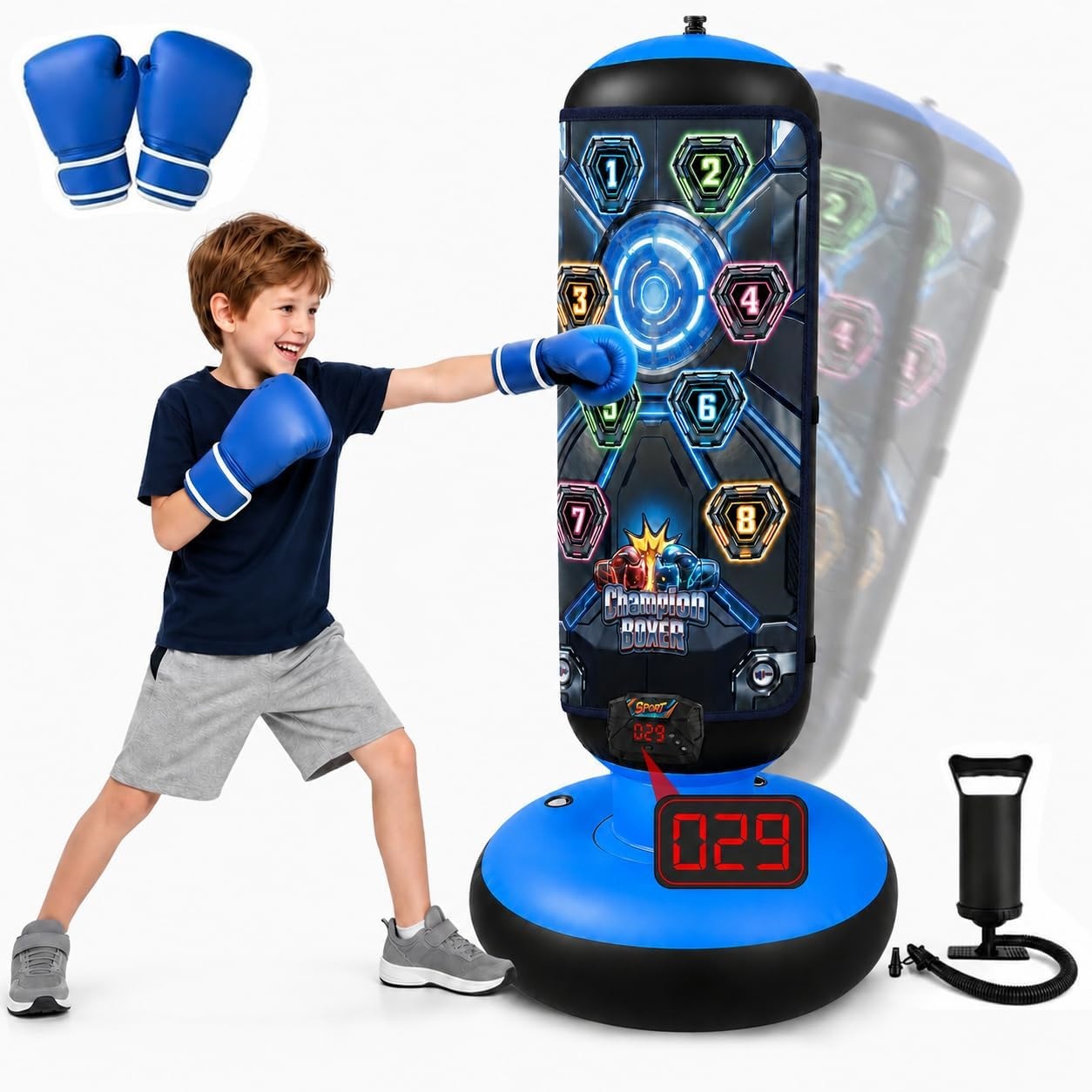 Children's sound and light inflatable tumbler boxing punching bag, boxing column, punching target, home inflatable reaction training for kids