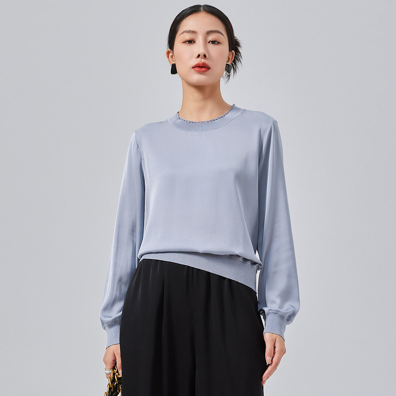 Women's Mulberry Silk Patchwork Ribbed Simple Round Neck Long-Sleeved Shirt Pullover Top Women's Handmade Silk Stitching