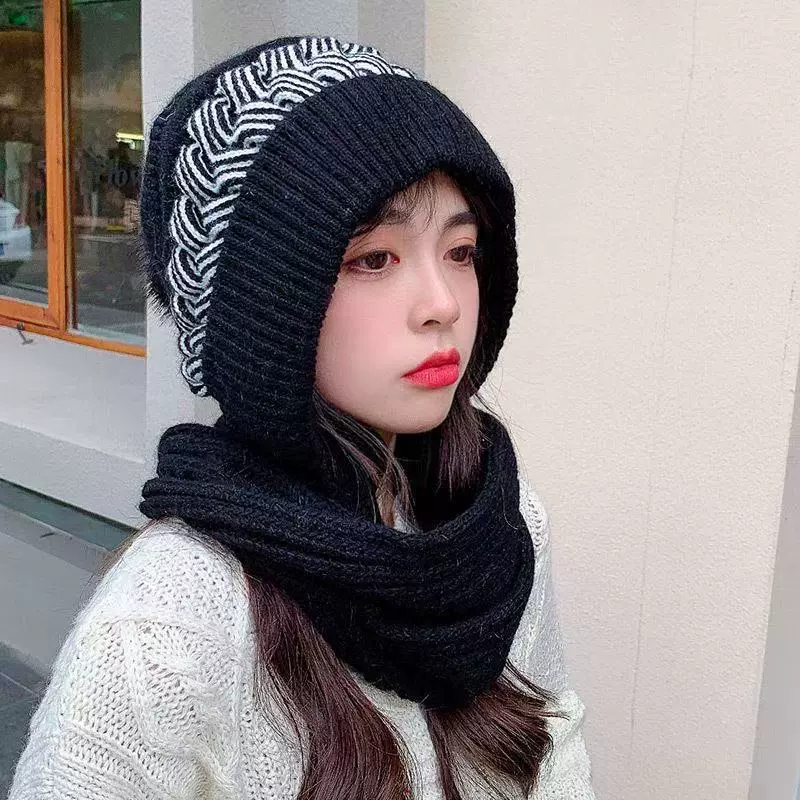 帽子女冬天潮韩国毛线帽韩版秋冬保暖套头帽加厚针织帽围巾两件套
