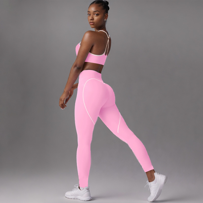 Procesamiento personalizado OEM comercio exterior europeo y americano transfronterizo belleza espalda deporte contraste color sujetador melocotón cadera alta cadera elástica pantalones de yoga