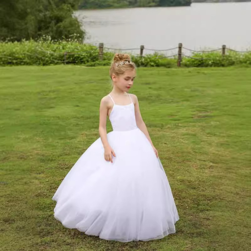 Nuevo vestido de boda infantil europeo y americano de verano transfronterizo de chicas de encaje de cabina de vuelta descubierta vestido de princesa
