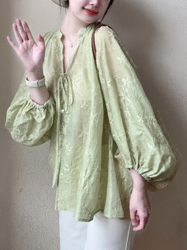2025早秋法式茶里茶气别致超好看漂亮独特绿色长袖上衣女夏季小衫|undefined