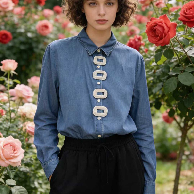 Lace Patchwork Denim Shirt for Women, New Spring 2025 Top, Regular Shoulder Fit, Casual Layering Lace Patchwork Denim Shirt for Women, New Spring 2025 Top, Regular Shoulder Fit, Casual Layering