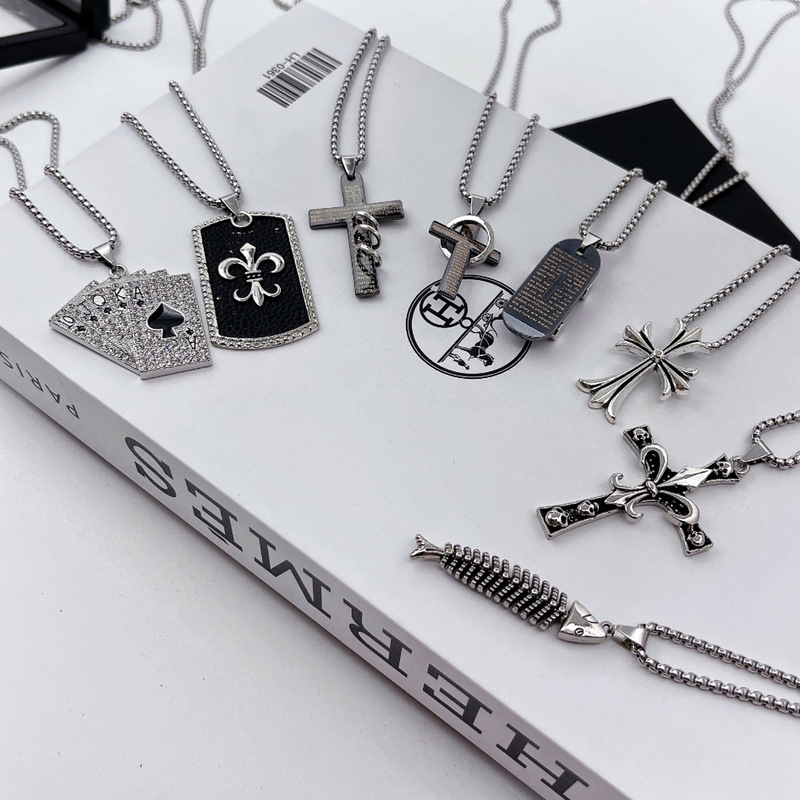 European and American Hip-Hop Punk Cross Scooter Titanium Steel Necklace Woolen Chain Personality Niche Couple Accessories