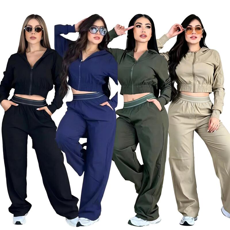 Solid color casual suit, short zip-up hooded top and high-waisted drapey wide-leg pants two-piece set Q6391 Solid color casual suit, short zip-up hooded top and high-waisted drapey wide-leg pants two-piece set Q6391