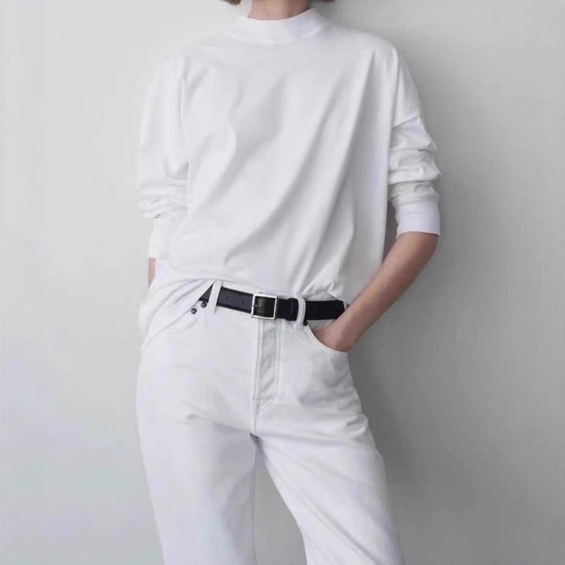 Row Style Minimalist All-Match Long-Sleeved T-Shirt Base Shirt French Rear Middle Seam Imported High-Branched Horse Cotton Round Neck White