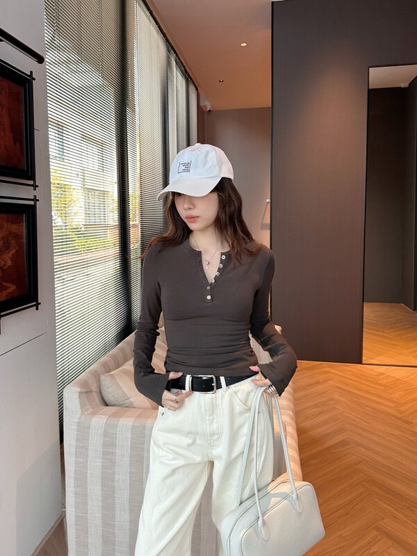 DIGM | 2025秋冬极简磨毛纽扣半开领打底衫长袖T恤针织衫女A65256|undefined