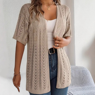 Amazon cross-border spring and summer solid color European and American style sweater short sleeve hollow all-match elegant plus size women's cardigan