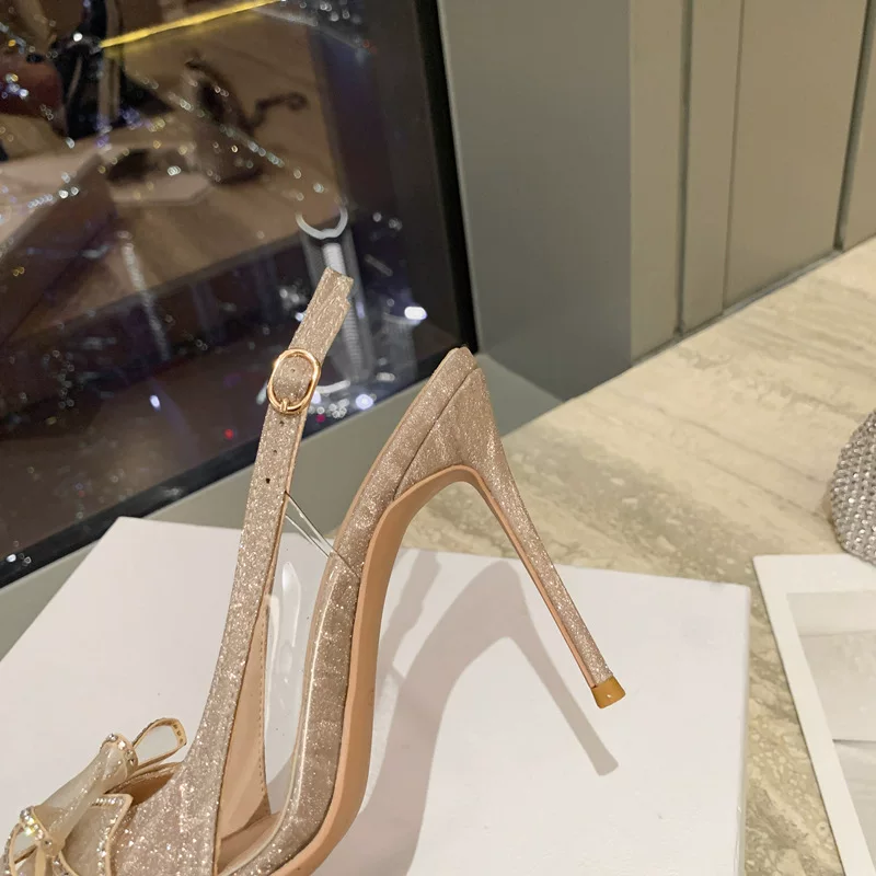 Серебряные туфли на высоком каблуке с бантом, острый нос, stilettos, сандалии, свадебные туфли, французский стиль