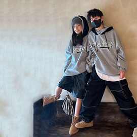 韩版一体绒加厚连帽双色卫衣2024冬季新款儿童洋气保暖上衣潮
