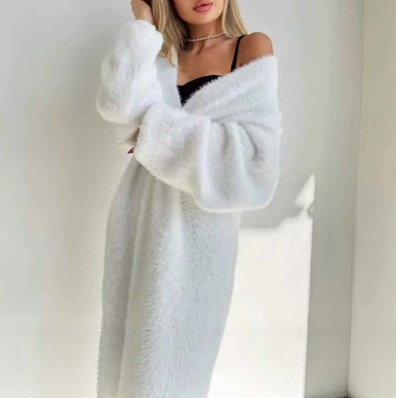 Kaning Mid-Length Cardigan Sweater Loose Lazy Style Knitwear Coat for Women Autumn Solid Color Outerwear Coat