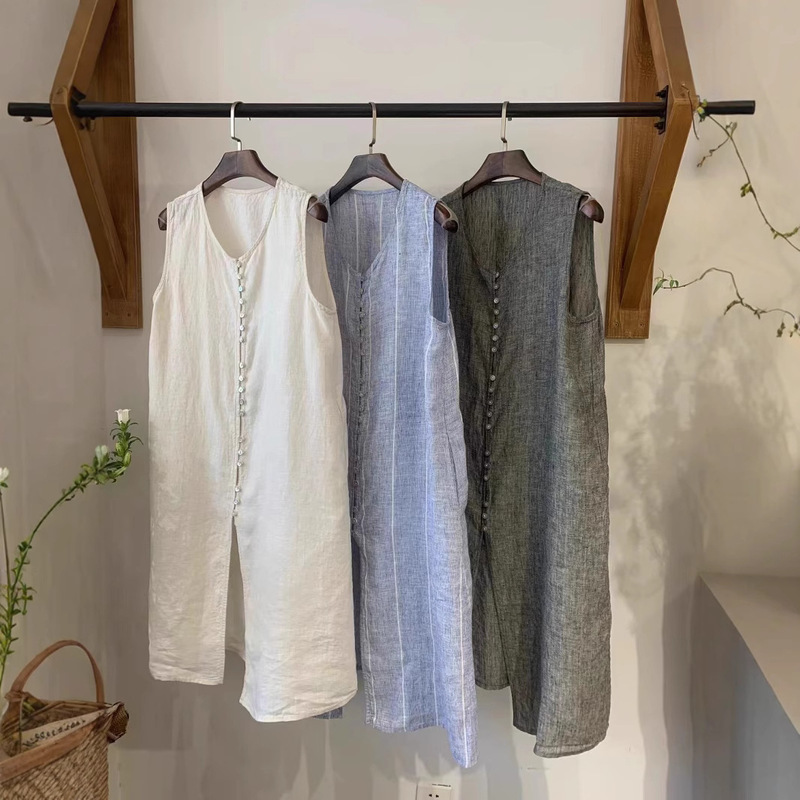 Vintage Artistic Linen Vipper Dress Summer New Arrival Loose All-Match Single-breasted Front Slit Pullover Sleeveless dress