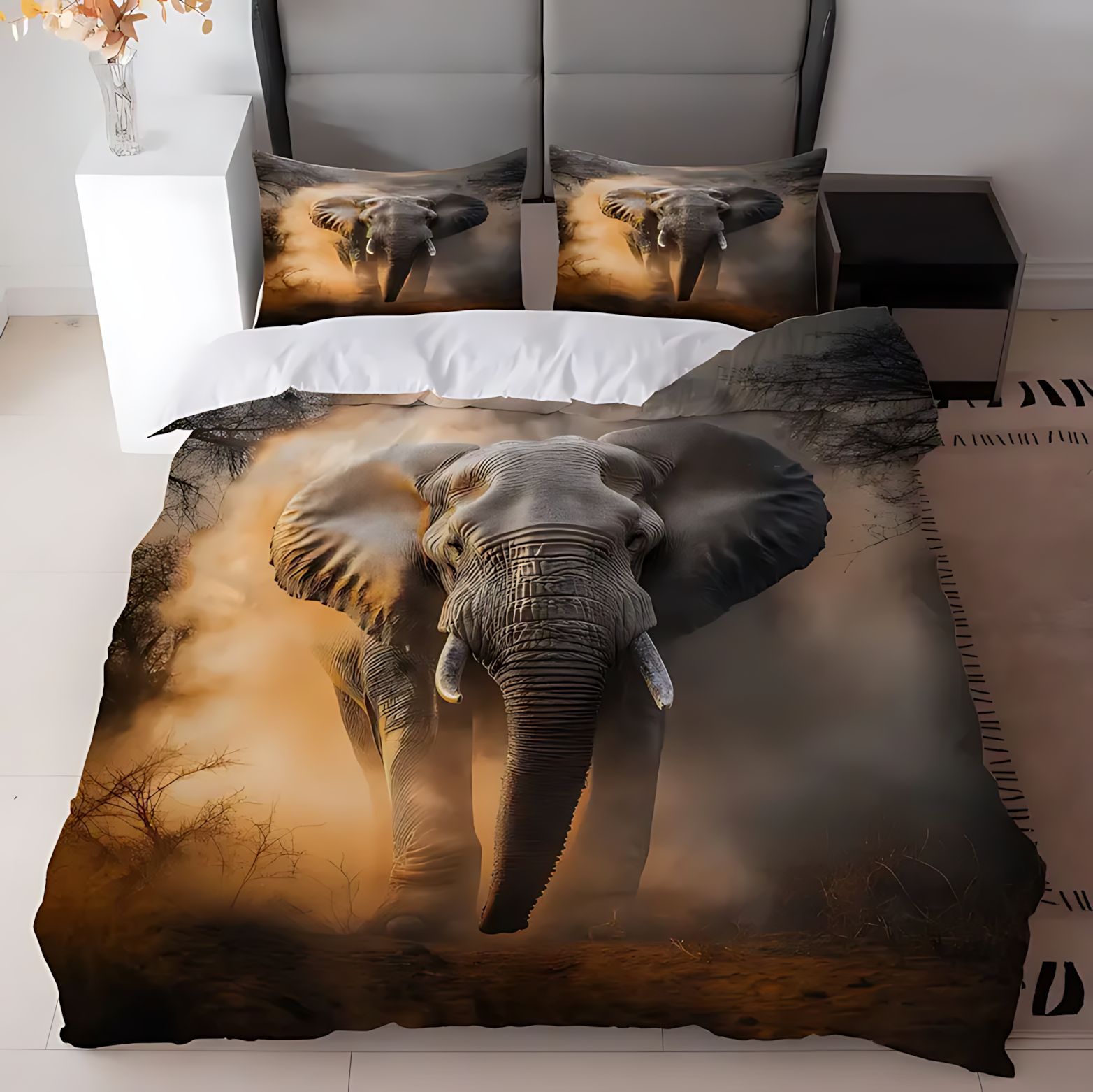 TEMU / JIT textiles domésticos transfronterizos elefante animal patrón de pelo abrasivo colcha de colcha de almohada conjunto de ropa de cama para dibujar