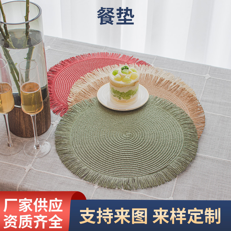 유럽식 심플 원형 린넨 식탁매트, 프린지 마감, 뜨개질 단열매트, 가정용 미끄럼 방지 컵받침, 서양식 식탁매트