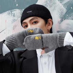 Winter knitted gloves for men's outdoor cycling plus velvet warm embroidery trendy touch screen half-finger flip gloves DZ95