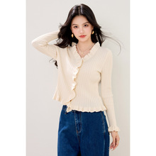 森1513新款针织衫开衫纯色修身荷叶边小外套韩版甜美短款外搭毛衣