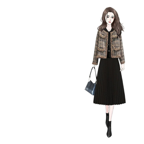 Women's Large Size Autumn/Winter Set Stylish Cardigan Outerwear Fashion Slimming Matchable Dress Two-Piece Set