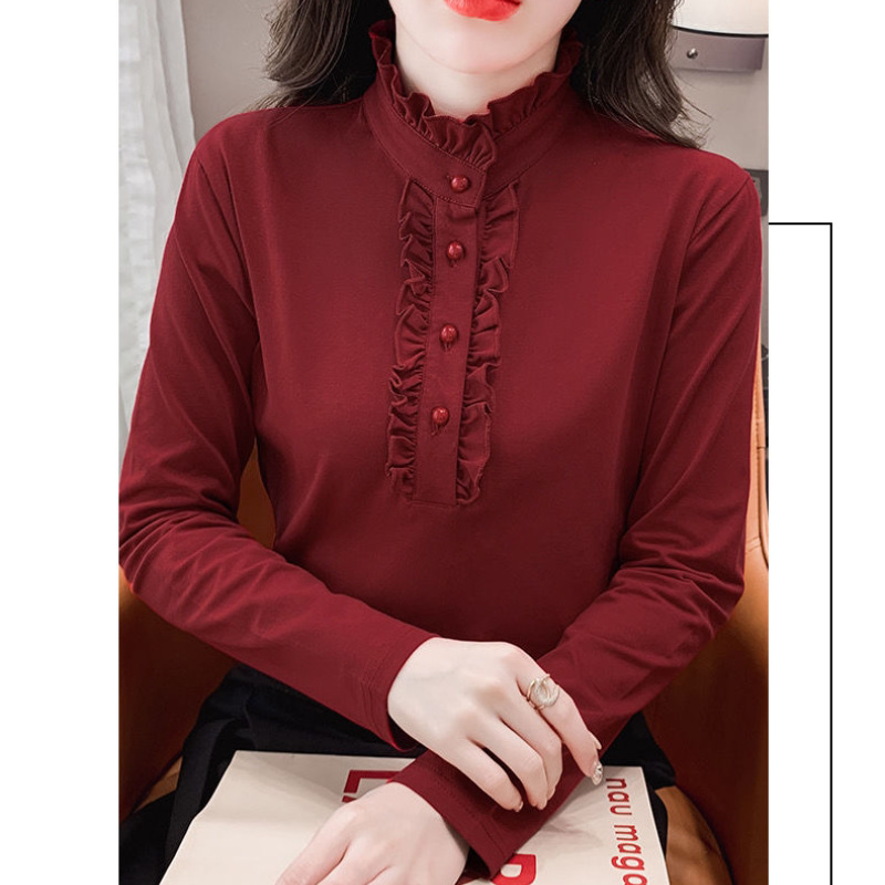 螺纹德绒衬衫半高领打底衫女秋冬新款纯色长袖妈妈花边领内搭上发