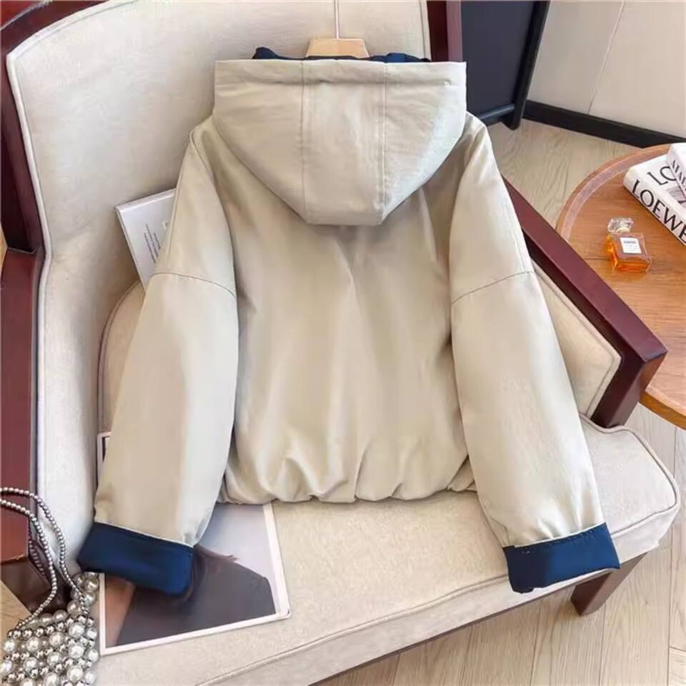 Áo khoác bông nữ có mũ trùm đầu dáng suông, tay dài, phong cách đường phố — Kaki, màu xám đậm chi tiết 8
