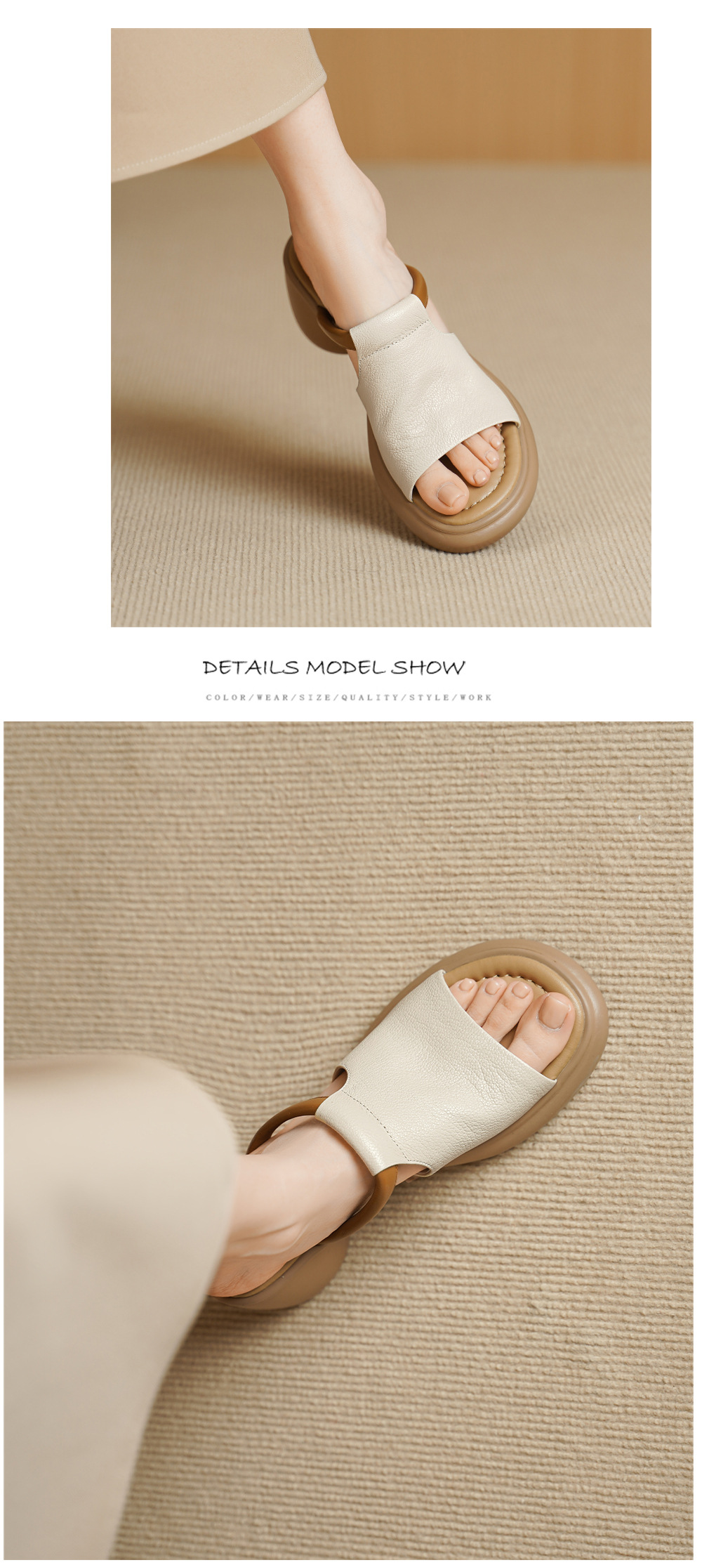 Sandal nữ hở mũi gót vuông đế dày da dê cao cấp — màu trắng ngà chi tiết 7