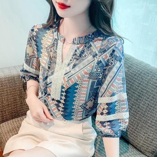 Five-Sleeve Ethnic Style Chiffon Top for Women - Summer New Arrival Loose Print Small Collar Medium-Sleeve Stylish Lightweight Shirt
