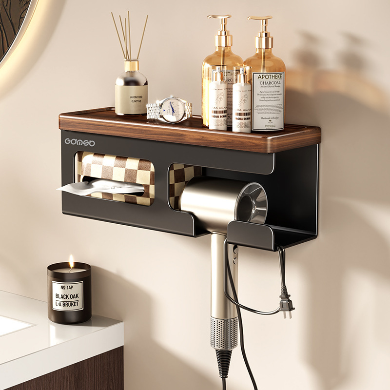 No-Drill Hair Dryer Holder Wall-Mounted Bathroom Storage Rack with Tissue Box No-Drill Hair Dryer Holder Wall-Mounted Bathroom Storage Rack with Tissue Box