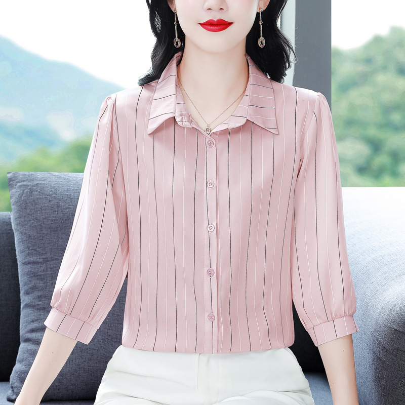 女性のためのファッショナブルな七分袖シフォンシャツ 2025 夏の新しいスタイルの多用途気質シャツ西洋スタイルの年齢を減らすママトップ|undefined
