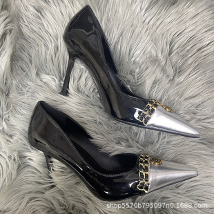 2025 Spring High Heels New Style Small Fragrant Style Black Silver Spliced Metal Chain Camellia Stiletto Small Square Toe Shoes
