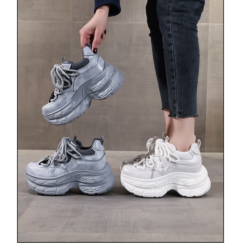 Giày sneaker nữ đế dày tăng chiều cao, mặt lưới thoáng khí, phong cách bánh xốp — Màu be chi tiết 20