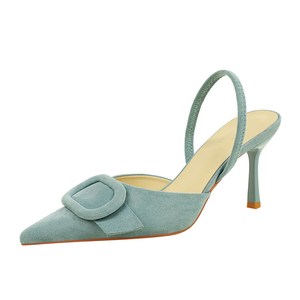 9627-K222 French style belt buckle decoration pointed shallow mouth suede fine high heels with a rear hanging strap fash