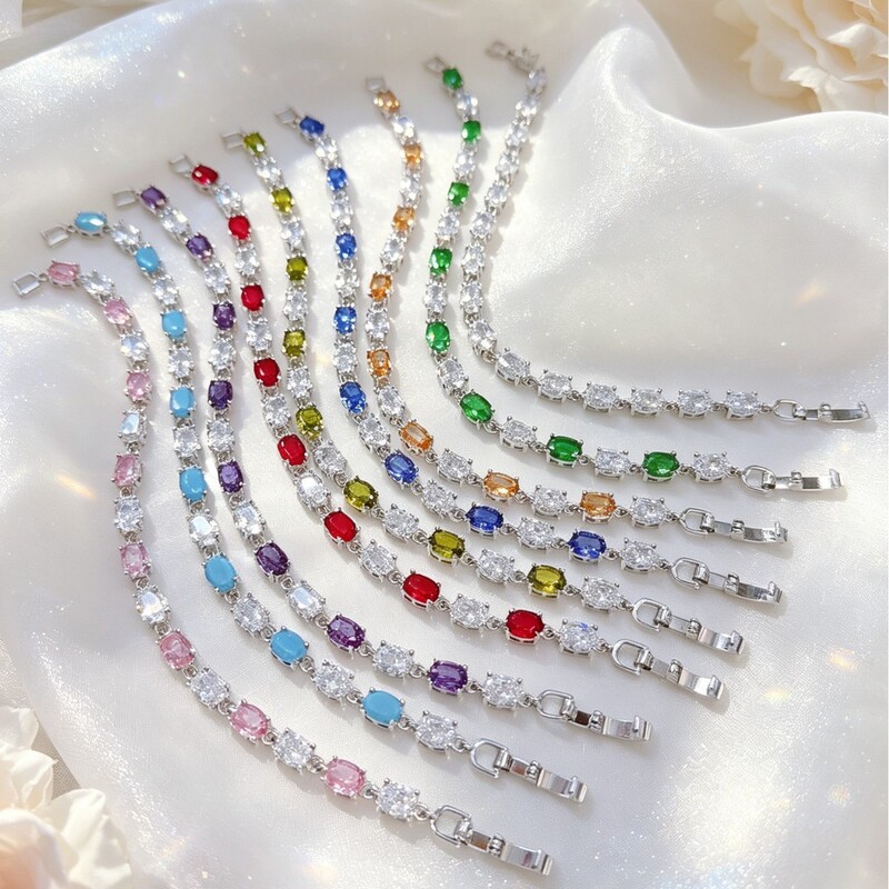 Popular European and American multi-color oval gemstone tennis bracelet, light luxury, finely crafted with colorful zircon stones, wholesale Popular European and American multi-color oval gemstone tennis bracelet, light luxury, finely crafted with colorful zircon stones, wholesale