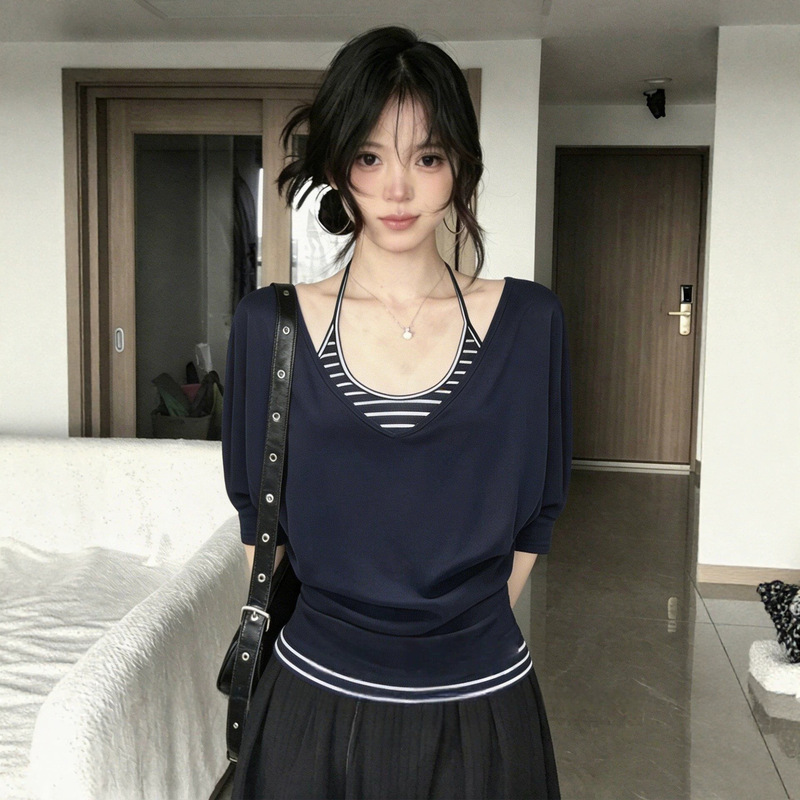Korean-Style Niche Mid-Sleeve T-Shirt Cover-Up for Women, Summer Outfit, Halter Neck Striped Tank Top, Slim Fit, Flattering Top Two-Piece Set
