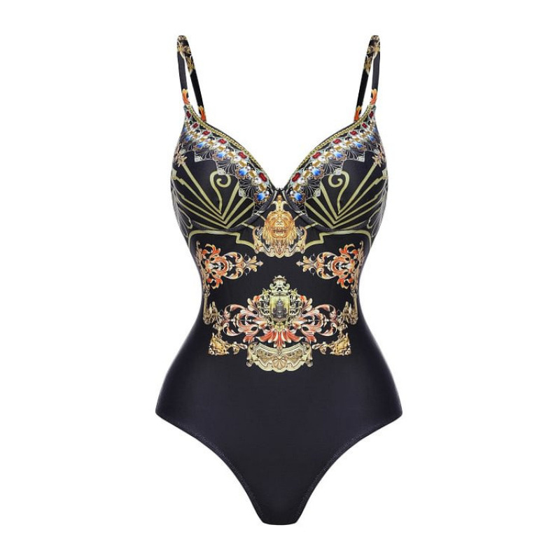 Schwarzer, goldbedruckter Badeanzug für Damen mit Trägern, sexy Urlaubs-Bademode aus Polyester und Nylon_voghion.com